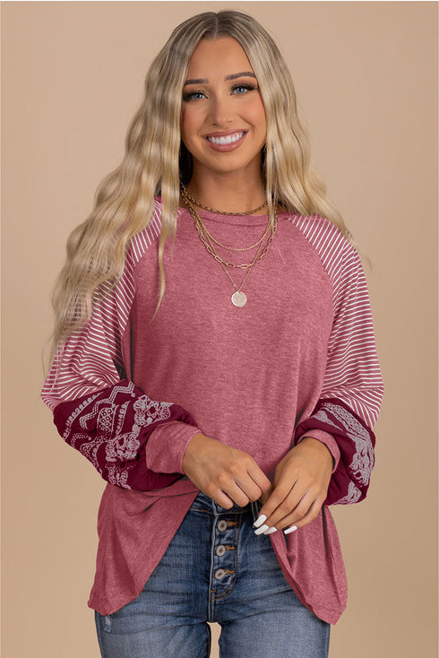 Contrast Print Striped Raglan Crew Neck Loose Long Sleeve Top